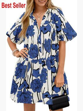 Floral Button Down Shirt Dress Puff Short Sleeve Loose Fit Mini Dress